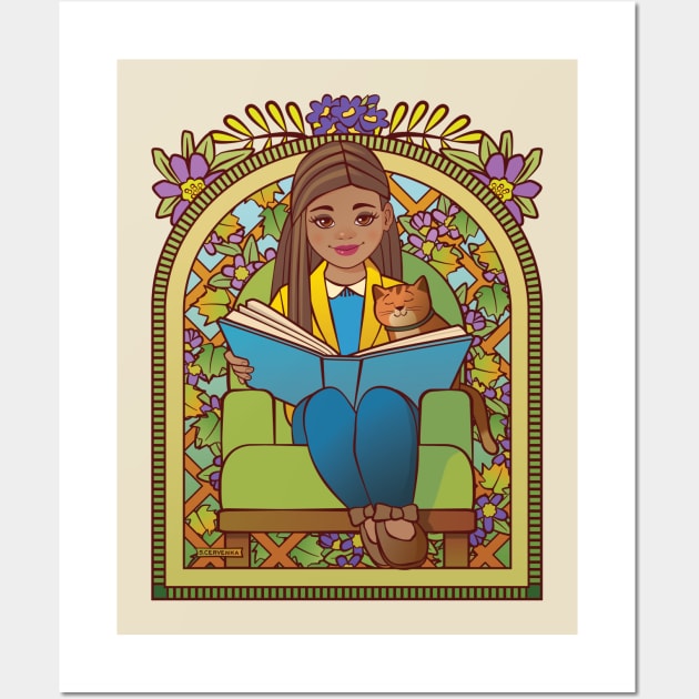 Girl Reading to Her Cat Wall Art by Sue Cervenka